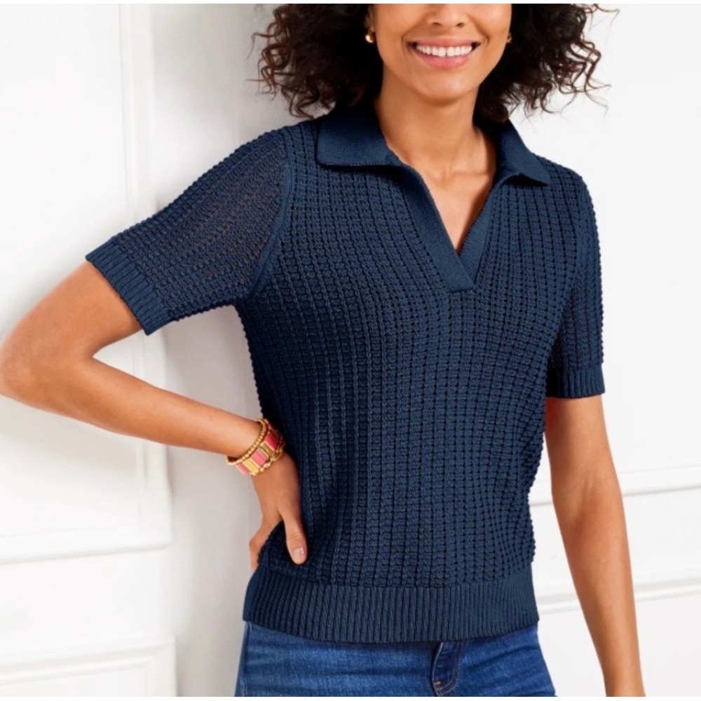 Talbots Pointelle Knit Polo Sweater Short Sleeve Navy Blue 1X